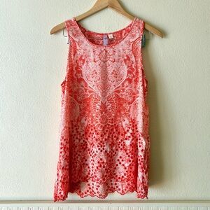 Alya Chiffon Embroidered‎ Eyelet Tank Top Orange & white paisley